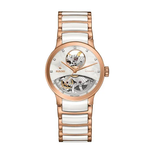 Rado Centrix Open Heart R30248902 หน้าปัดมุกสีขาว ตัวเรือนโรสโกลด์ และสายเซรามิกสีขาว