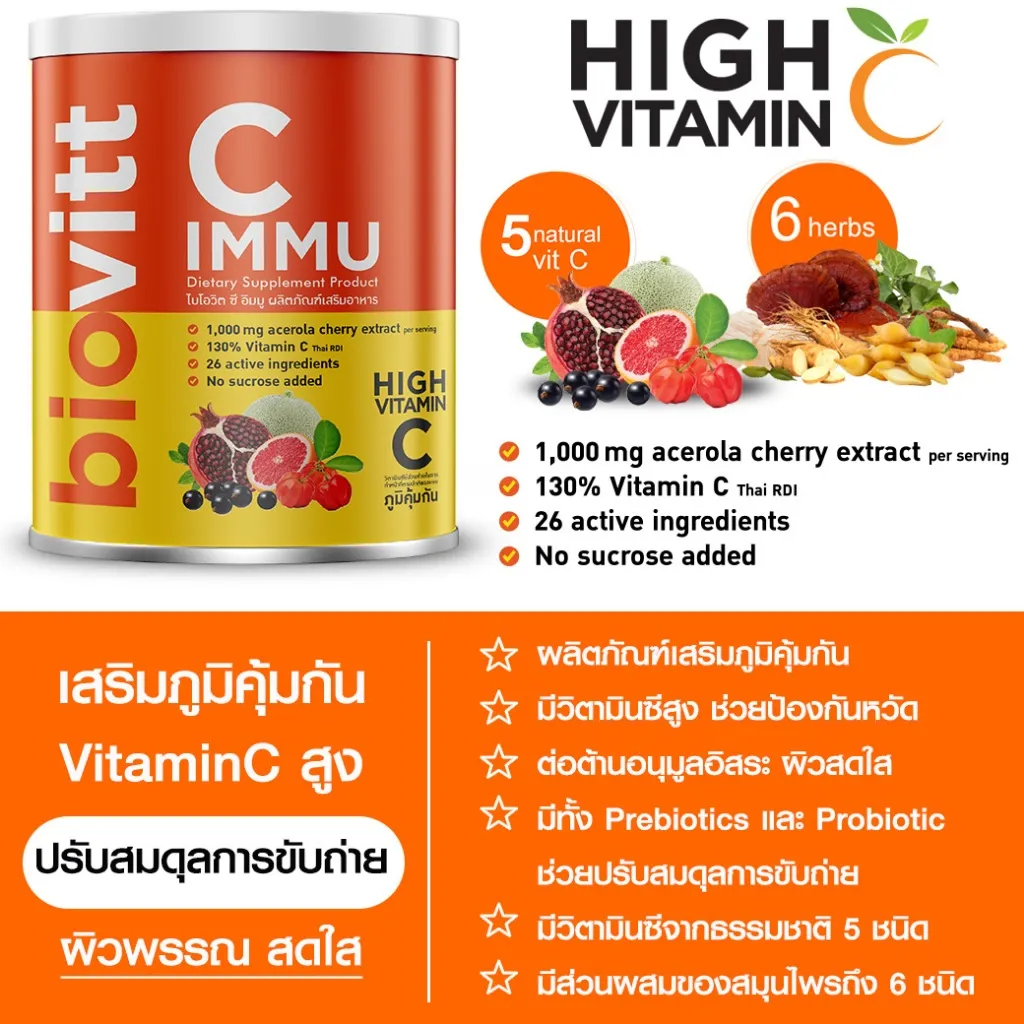 Biovitt C IMMU วิตามินซี แบบผง เสริมภูมิ ปรับสมดุลลำไส้ ผิวพรรณสดใส