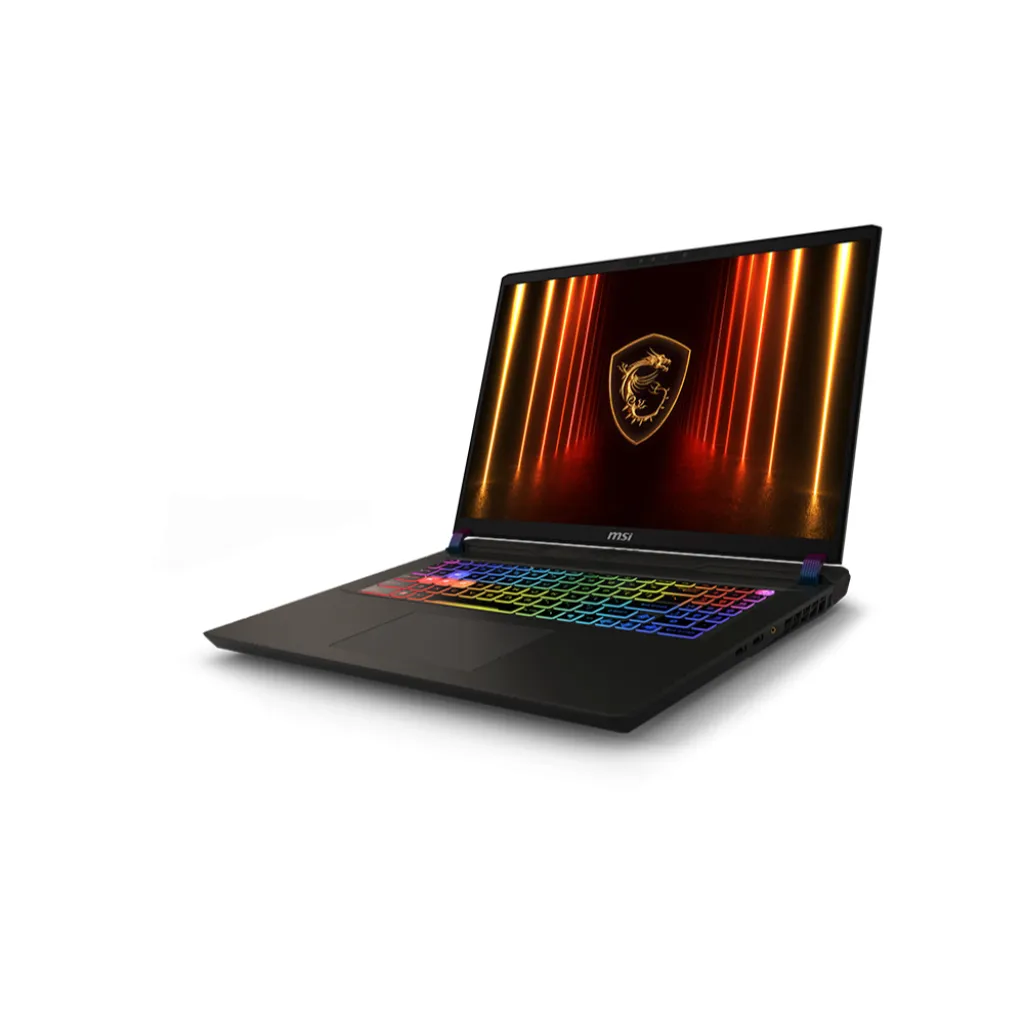 MSI Vector 17 HX AI A2XWHG-091TH โน้ตบุ๊กเกมมิ่งในมุมเฉียง แสดงหน้าจอและแป้นพิมพ์ไฟ RGB