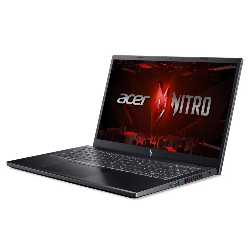 ACER Nitro V 15 ANV15-51-50UV/i5 โน้ตบุ๊กเกมมิ่งสีดำ มุมมองเฉียง แสดงหน้าจอและแป้นพิมพ์