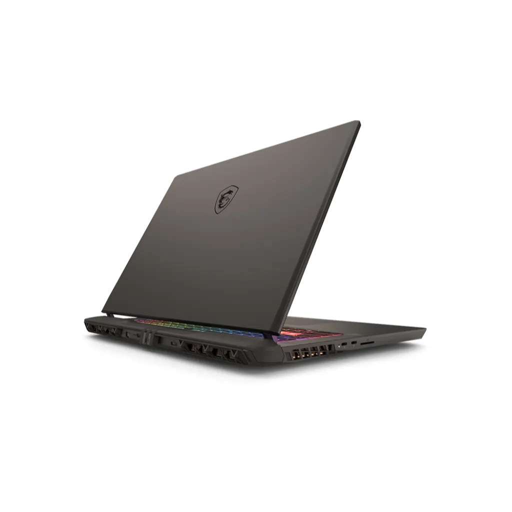 โน้ตบุ๊ก MSI สีดำในมุมมองด้านหลังเฉียง