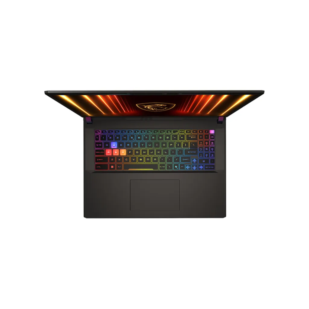 โน้ตบุ๊ก MSI สีดำในมุมมองจากด้านบน แสดงแป้นพิมพ์ไฟ RGB และหน้าจอที่เปิดอยู่