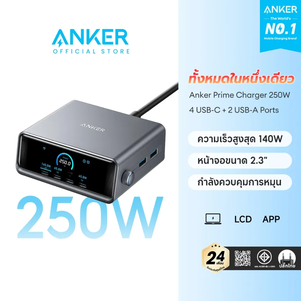 Anker Prime Charger 250W 6 Ports ชาร์จเร็วพร้อมจอแสดงผล