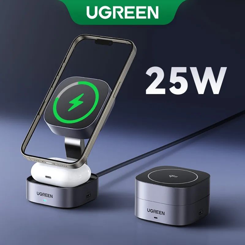 Ugreen 25W Magnetic Wireless Charger Qi2 ชาร์จเร็วพร้อมแท่นแม่เหล็กสำหรับ iPhone และ AirPods