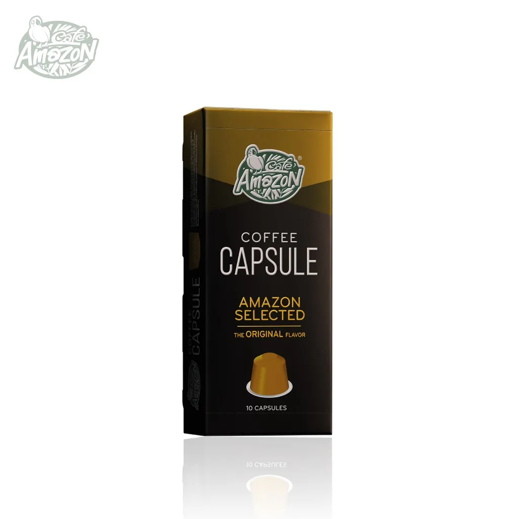 กาแฟแคปซูล Amazon Selected The Original Flavor จำนวน 10 แคปซูลในกล่องสีดำทองพร้อมโลโก้ Cafe Amazon เหมาะสำหรับเครื่องชงกาแฟแคปซูล
