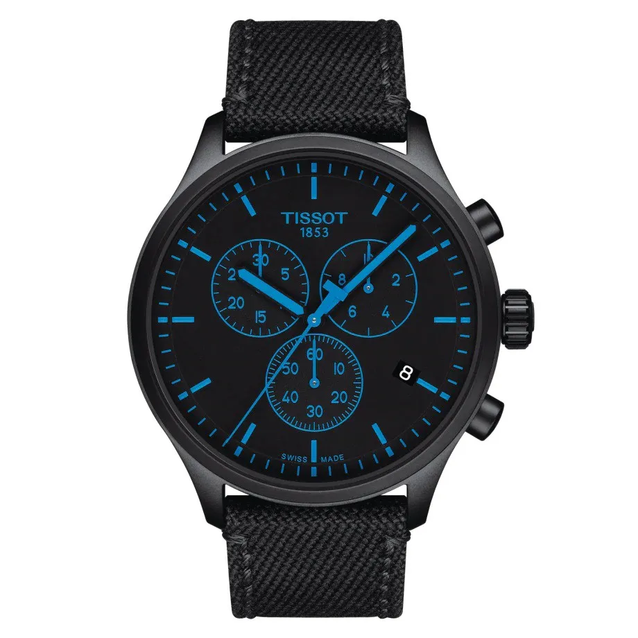นาฬิกา Tissot Chrono XL สีดำฟ้า หน้าปัดสีดำ เข็มและขีดบอกเวลาสีฟ้า