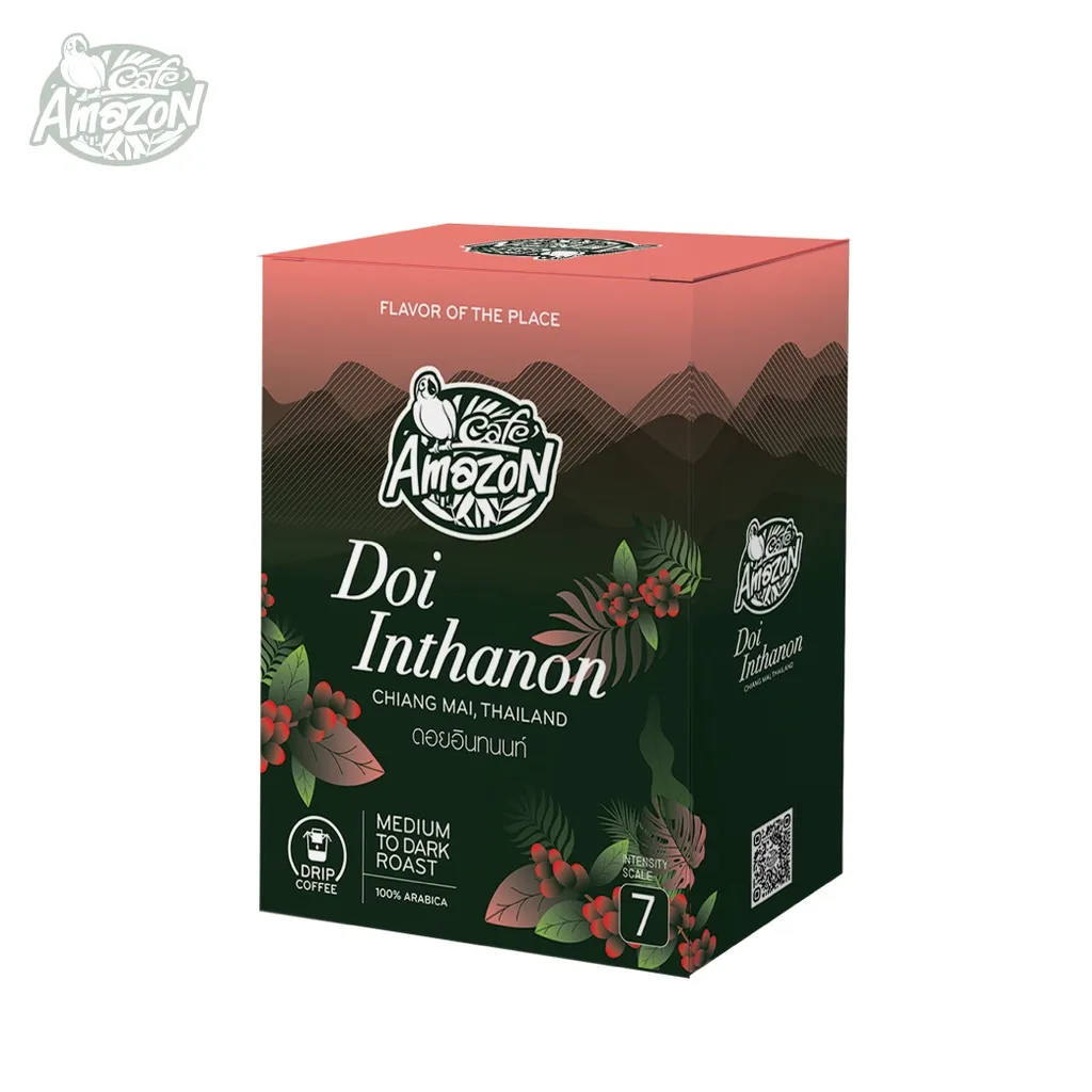 กาแฟดริป Amazon อินทนนท์ เป็นกาแฟอาราบิก้า 100% คั่วระดับกลางถึงเข้ม ให้รสชาติเข้มข้น หอมกรุ่นจากดอยอินทนนท์ เชียงใหม่ เหมาะสำหรับผู้ที่ชื่นชอบกาแฟดริปคุณภาพสูง