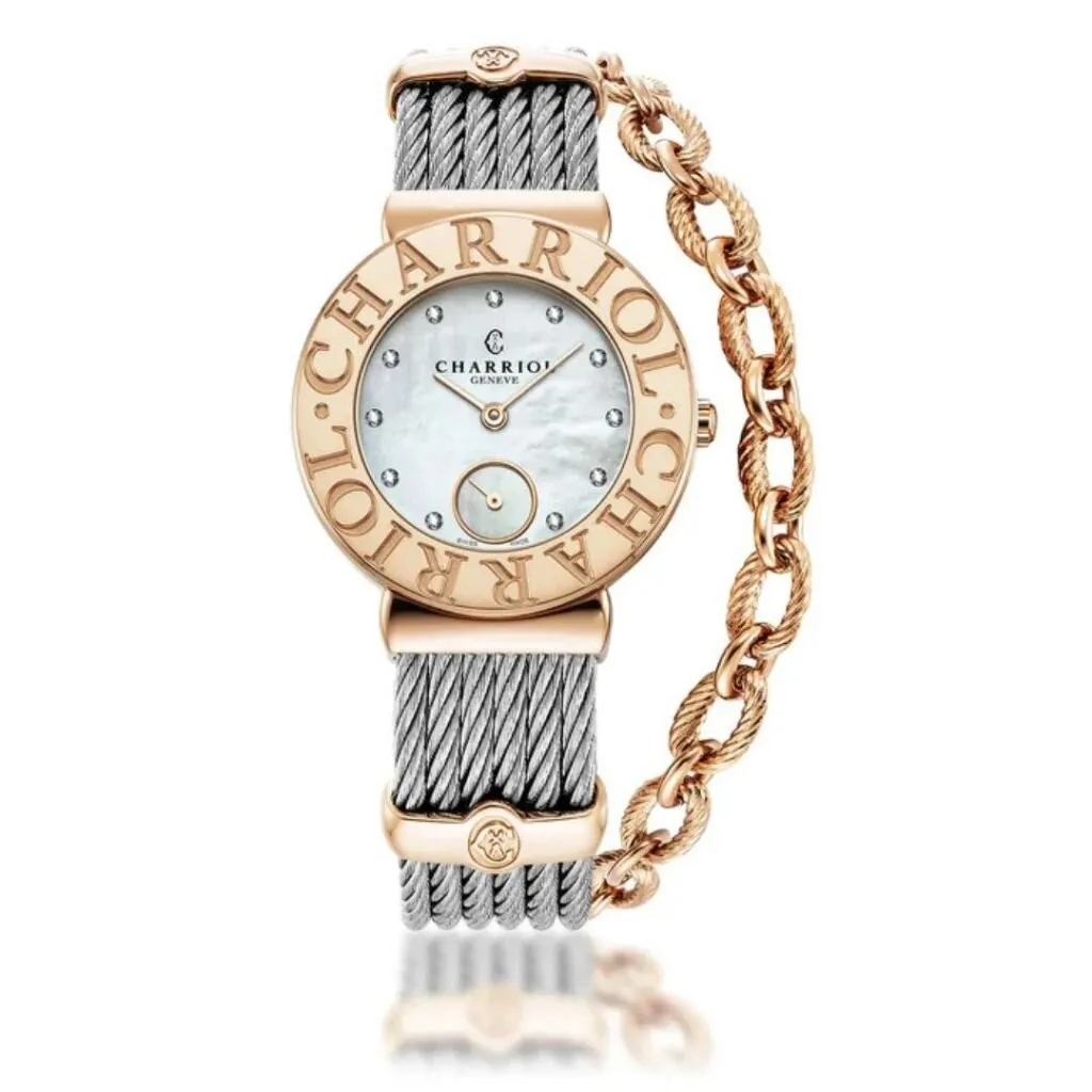 นาฬิกา Charriol St Tropez ผู้หญิง รุ่น ST30SC.560.019 หน้าปัดสีขาวตกแต่งคริสตัลบนตัวเรือนสีเงิน