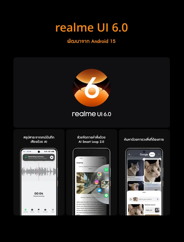 ระบบปฏิบัติการ realme UI 6.0 พัฒนาจาก Android 15 พร้อมฟีเจอร์สรุปเสียง AI คำสั่ง Smart Loop 2.0 และการค้นหาด้วยภาพอัจฉริยะ