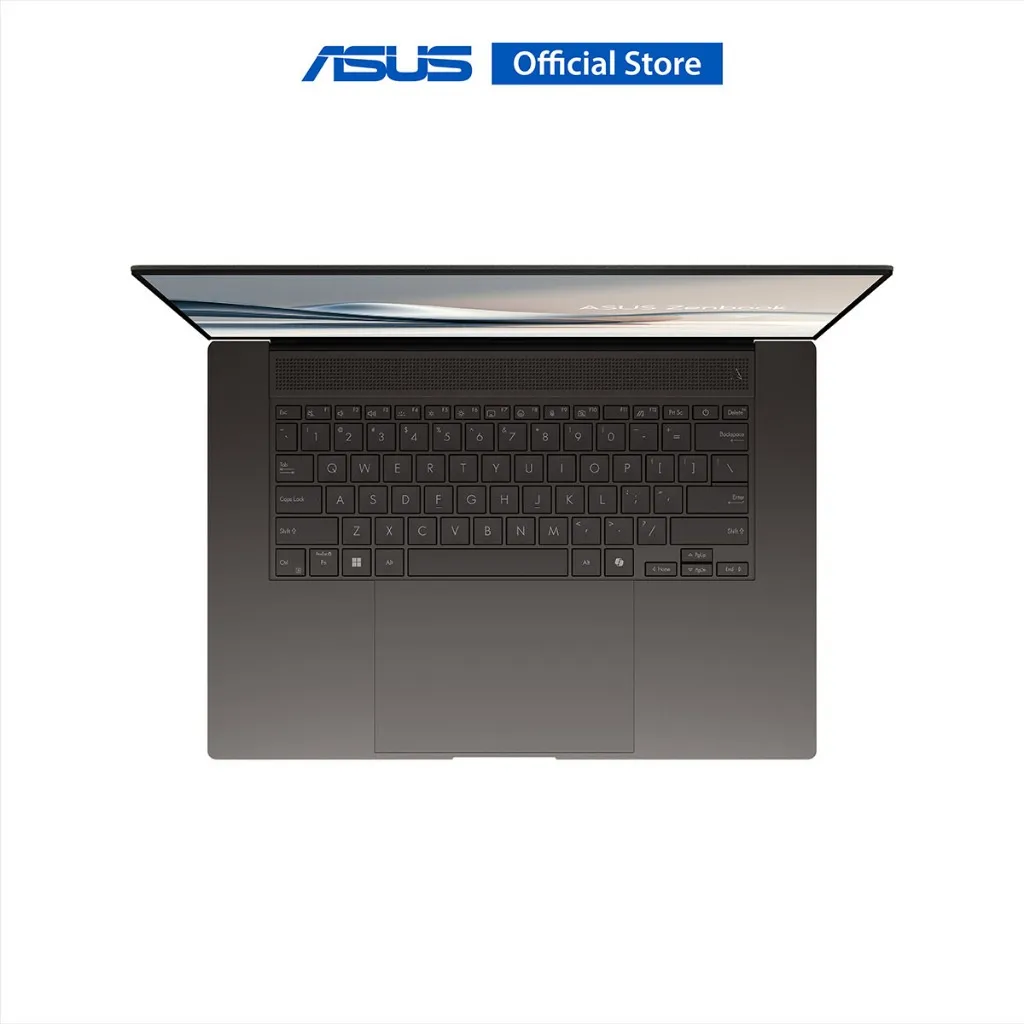 ASUS Zenbook S16 โน้ตบุ๊กสีเทาเข้มในมุมมองจากด้านบน แสดงแป้นพิมพ์และหน้าจอ