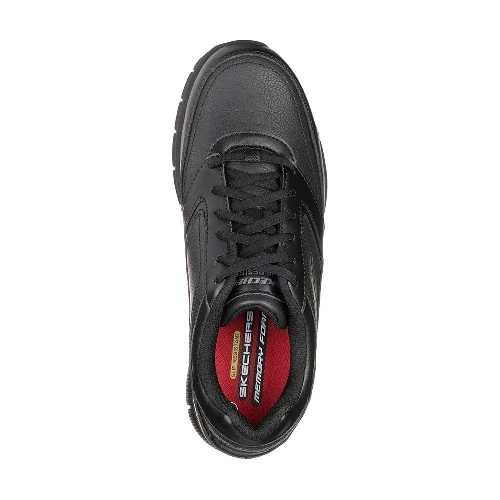 Skechers Nampa Work Shoes สีดำ มองจากด้านบน เห็นเชือกรองเท้าและพื้นรองเท้าด้านในสีแดงพร้อมโลโก้ Skechers