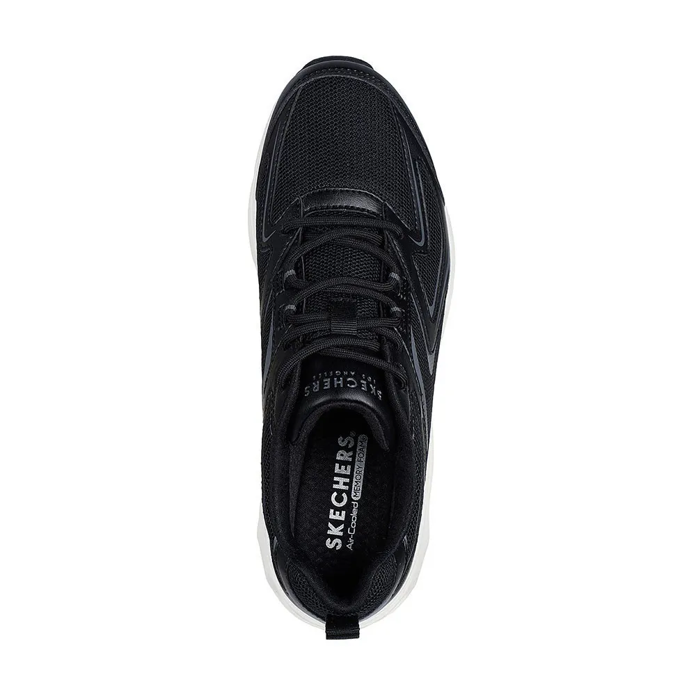 รองเท้า Skechers Tres-Air Uno 183082 สีดำสลับเทา มองจากด้านบน แสดงส่วนบนที่เป็นตาข่ายและเชือกผูกรองเท้า รวมถึงพื้นรองเท้าด้านในแบบ Air-Cooled Memory Foam