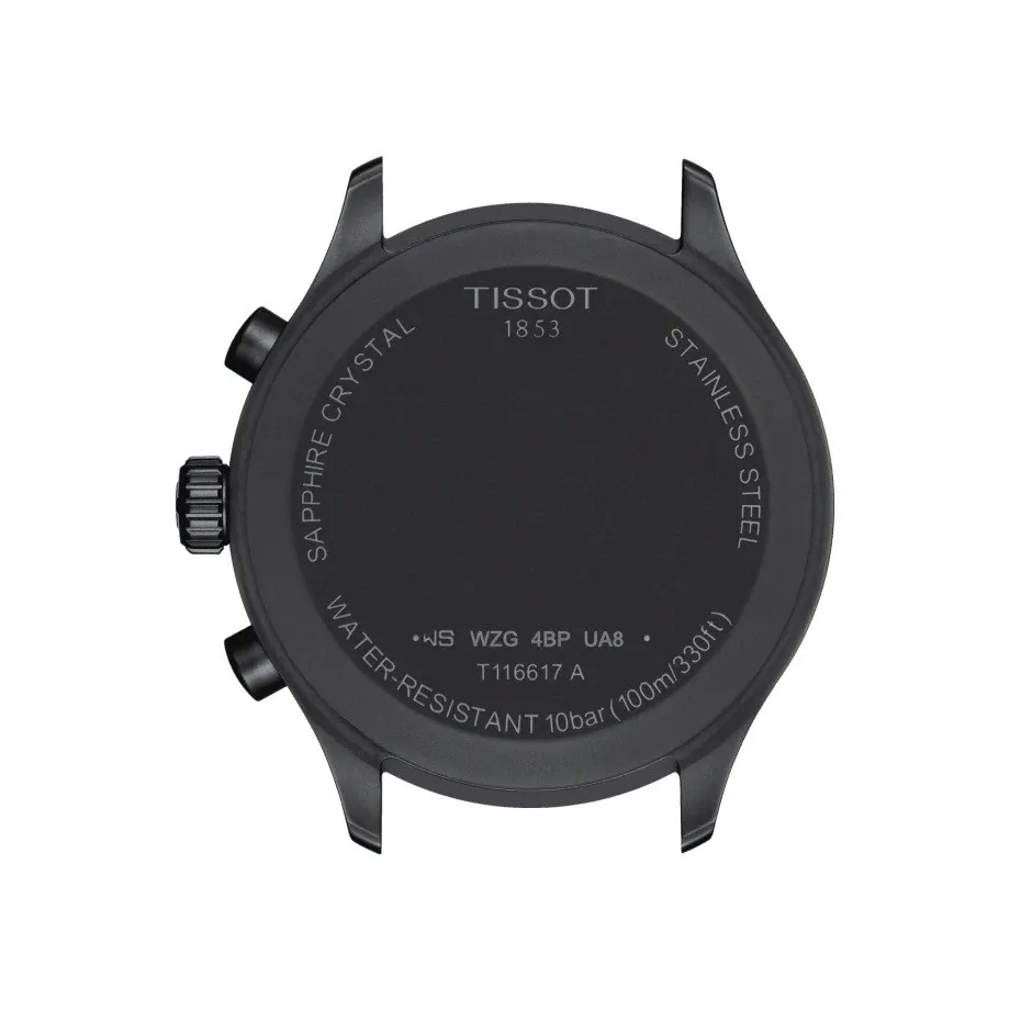 นาฬิกา Tissot Chrono XL สีดำฟ้า ด้านหลังตัวเรือน แสดงรายละเอียดรุ่นและความสามารถในการกันน้ำ