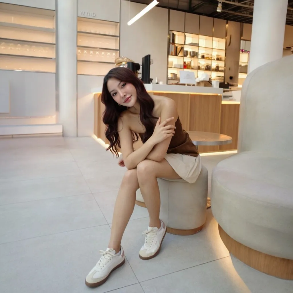 ผู้หญิงผมสีน้ำตาลเข้มกำลังนั่งอยู่บนเก้าอี้สตูลสีอ่อนในร้านกาแฟ เธอสวมเสื้อเกาะอกสีน้ำตาลกับกระโปรงสั้นสีอ่อน และรองเท้า Bata North Star NEW STRIKER สีขาวครีมกับชมพูอ่อนที่ดูเข้ากับชุดลำลองสบายๆ สไตล์มินิมอล พื้นหลังเป็นเคาน์เตอร์กาแฟและชั้นวางของ