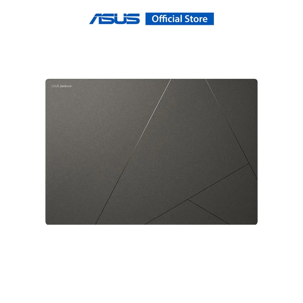 ASUS Zenbook S16 โน้ตบุ๊กสีเทาเข้มในมุมมองด้านหลัง แสดงลวดลายและโลโก้