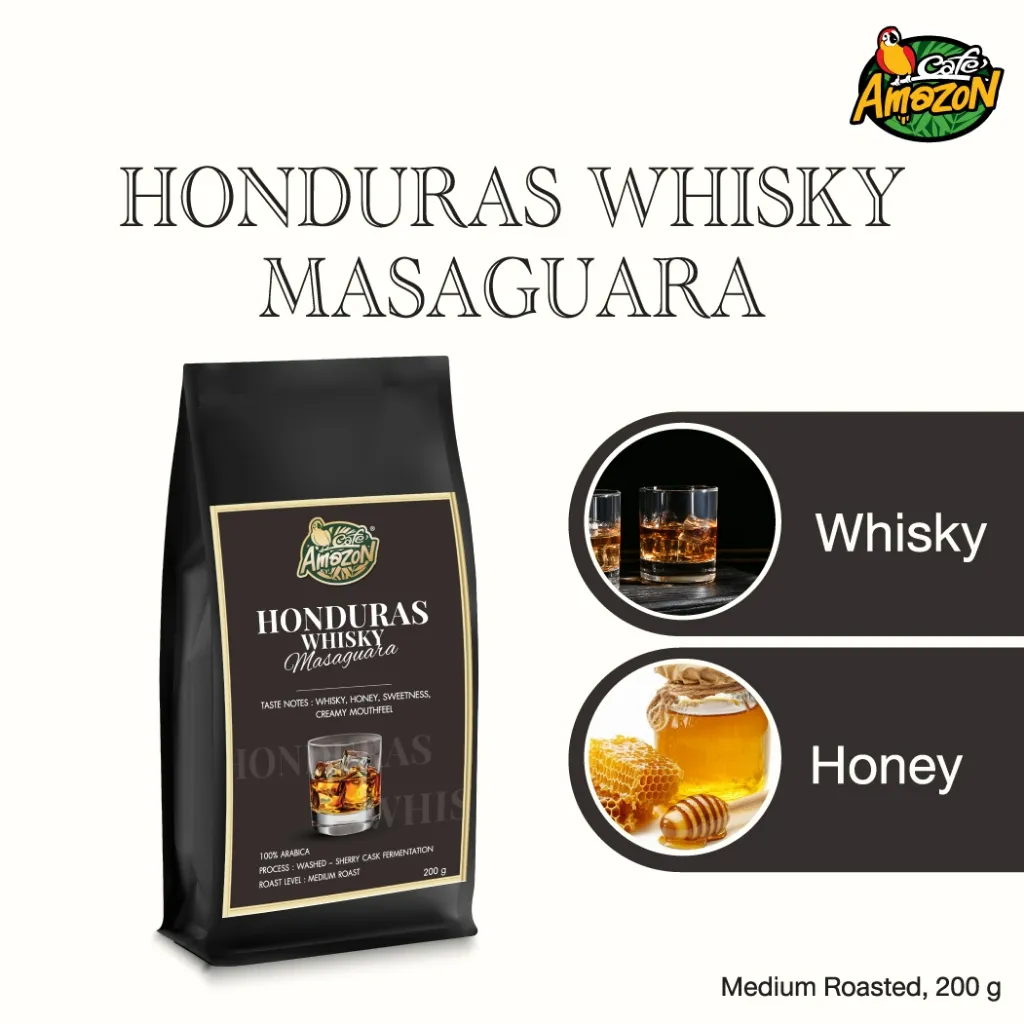 ภาพแสดงเมล็ดกาแฟ Honduras Whisky Masaguara ขนาด 200 กรัม บรรจุในถุงสีดำ-น้ำตาล พร้อมระบุรสชาติ Whisky และ Honey ซึ่งเป็นเมล็ดกาแฟคั่วระดับกลาง