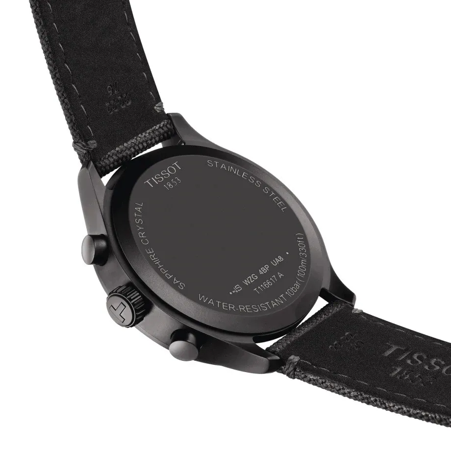 ด้านหลังของนาฬิกา Tissot สีดำ แสดงรายละเอียดตัวเรือนและคุณสมบัติ