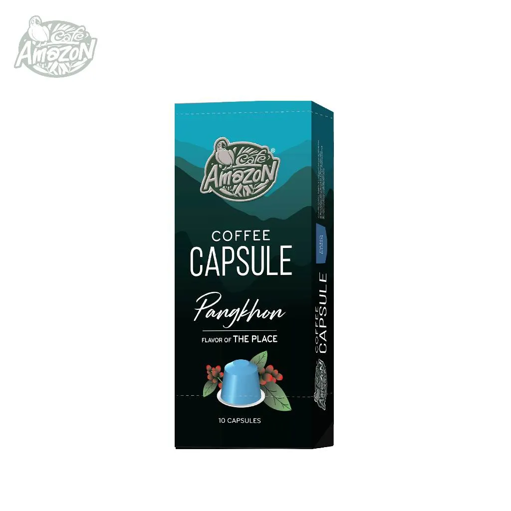 กล่องแคปซูล Pangkhon สีน้ำเงินเข้ม แสดงภาพผลเชอร์รี่กาแฟพร้อมแคปซูล