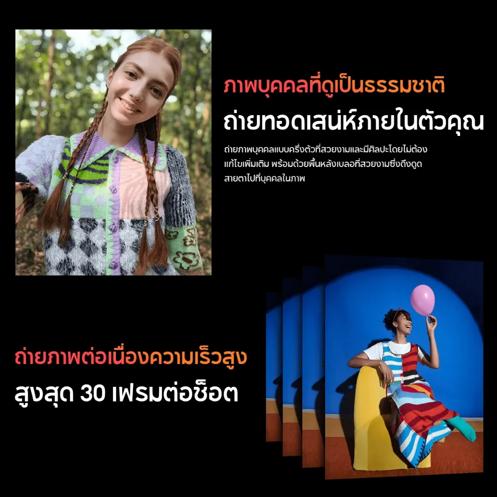 ตัวอย่างภาพบุคคลแบบธรรมชาติและภาพถ่ายต่อเนื่องความเร็วสูง 30 เฟรมต่อช็อต แสดงความคมชัดและสีสันสมจริงในทุกจังหวะการเคลื่อนไหว