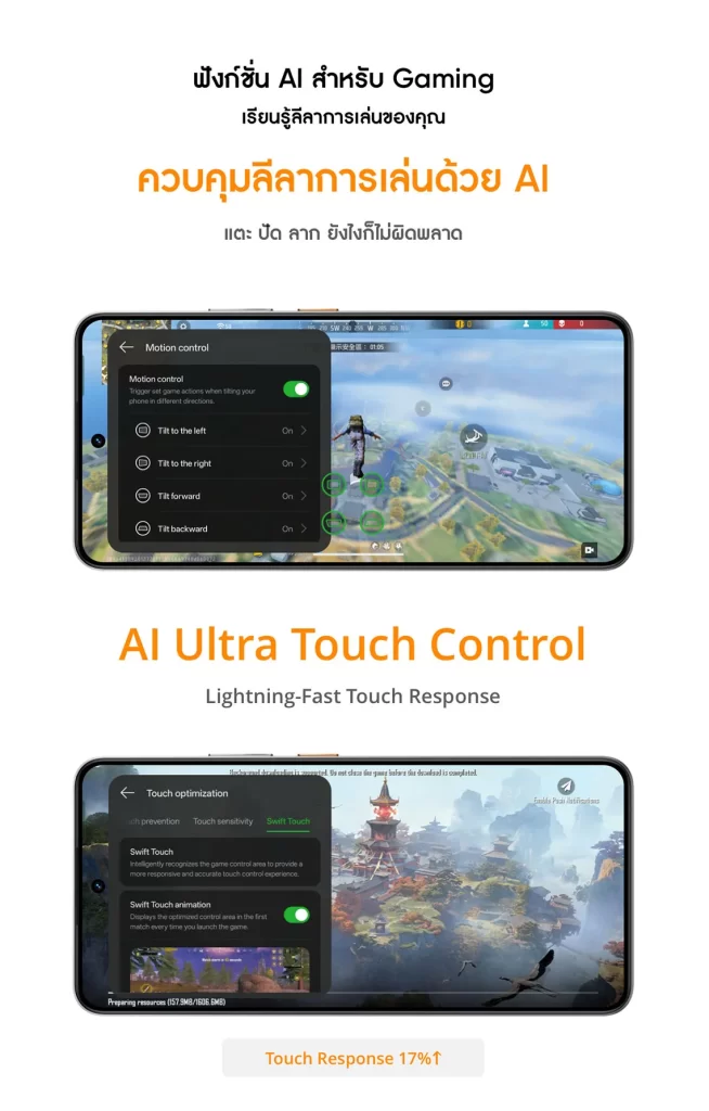 realme 14 5G 12GB 512GB มาพร้อมระบบ AI Ultra Touch Control ตอบสนองการสัมผัสแม่นยำขึ้น 17% และควบคุมเกมได้แม่นยำด้วย Motion Control อัจฉริยะ