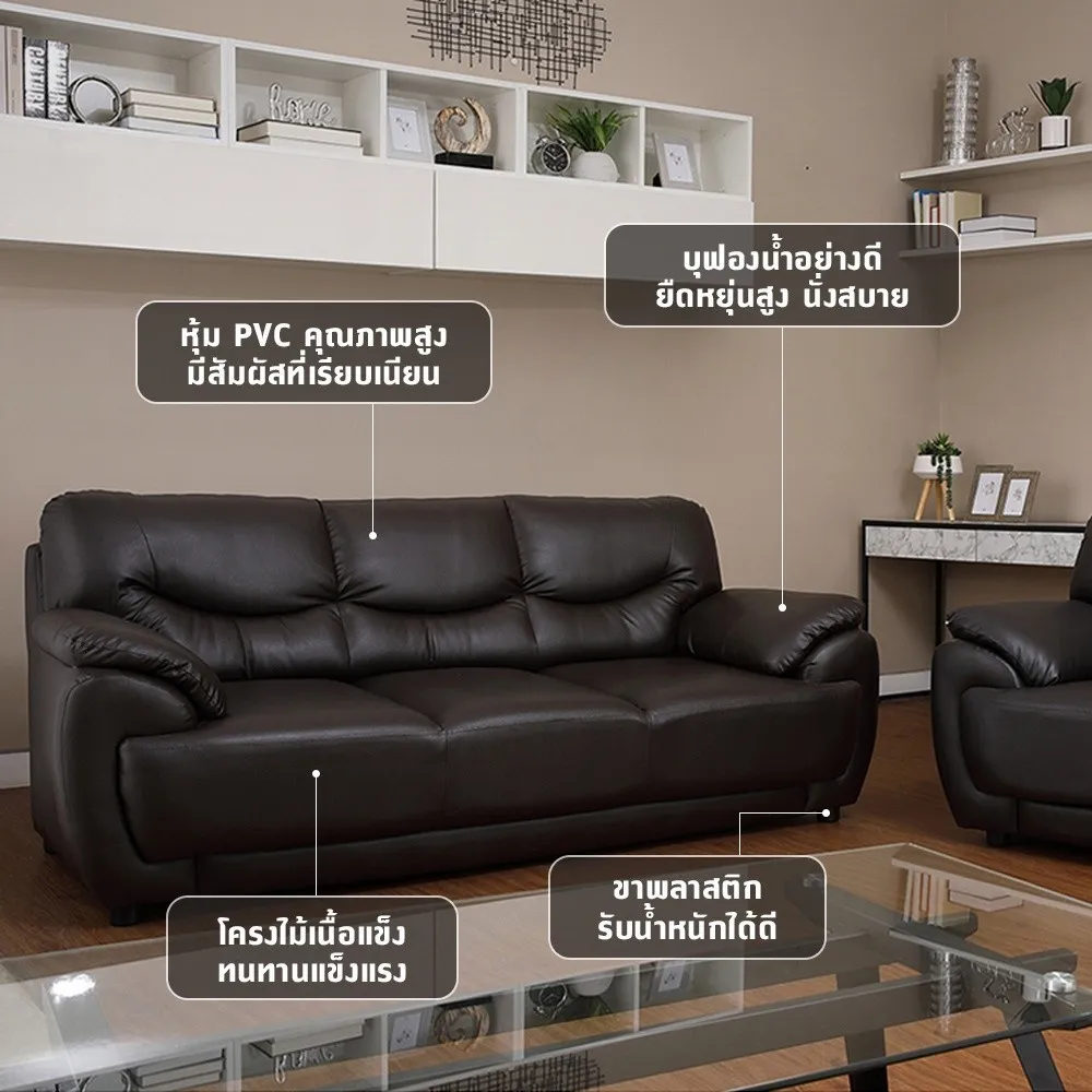 โซฟาหนัง PVC ตั้งในห้องรับแขก พร้อมไฮไลต์คุณสมบัติเรื่องวัสดุ ความนุ่ม และขาแข็งแรง