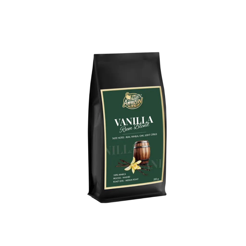 ภาพแสดงถุงเมล็ดกาแฟ Vanilla Rum Blend ขนาด 200 กรัม ในถุงสีดำ-เขียว พร้อมรายละเอียดรสชาติ Rum, Vanilla, Oak, Light Citrus