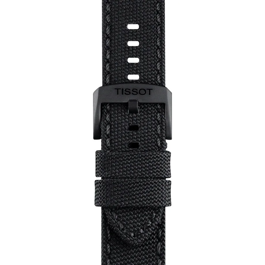 สายนาฬิกาผ้าสีดำพร้อมหัวเข็มขัดสีดำด้านและโลโก้ TISSOT