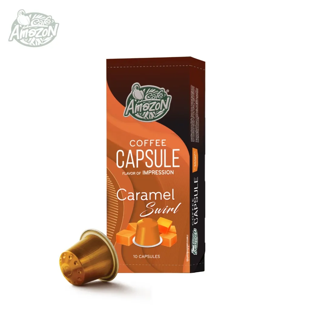 กล่องแคปซูล Caramel Swirl สีส้มอมน้ำตาล แสดงภาพคาราเมล