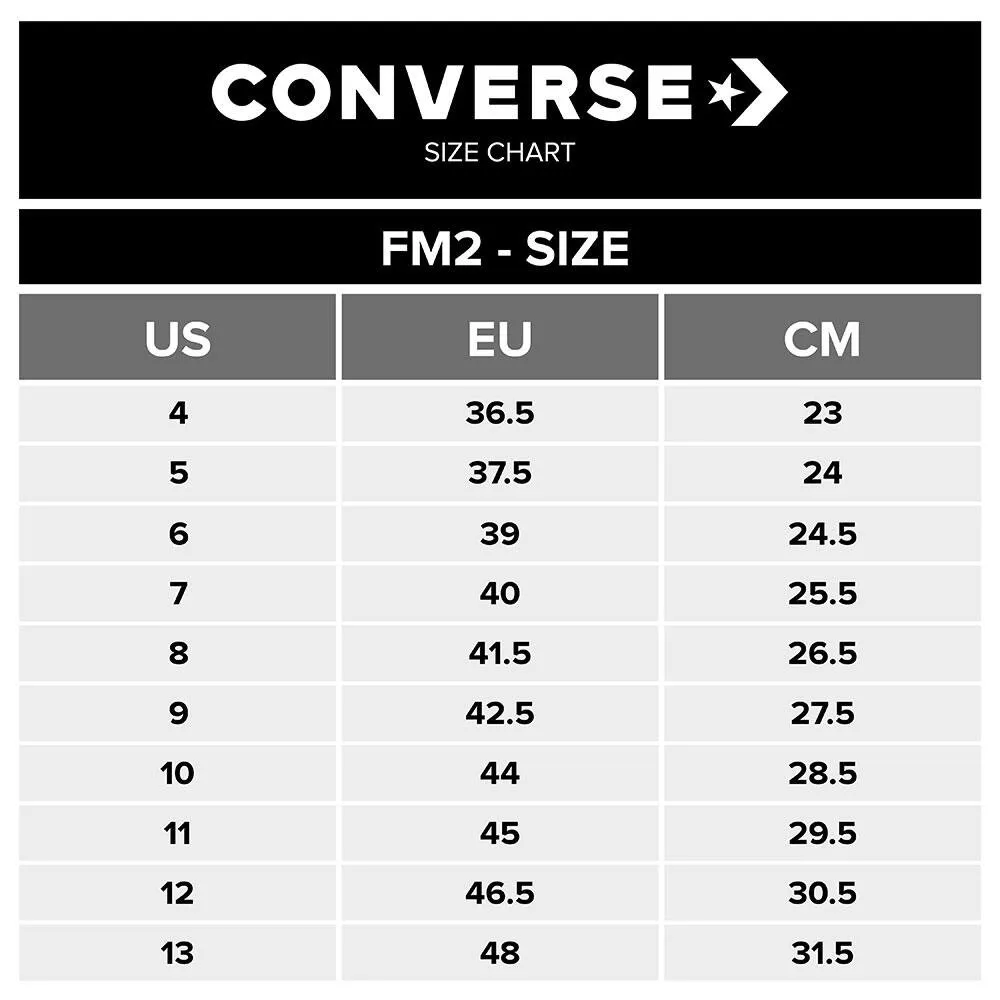 ตารางเทียบขนาดรองเท้า Converse สำหรับรุ่น FM2 แสดงการแปลงไซส์จาก US, EU เป็น CM