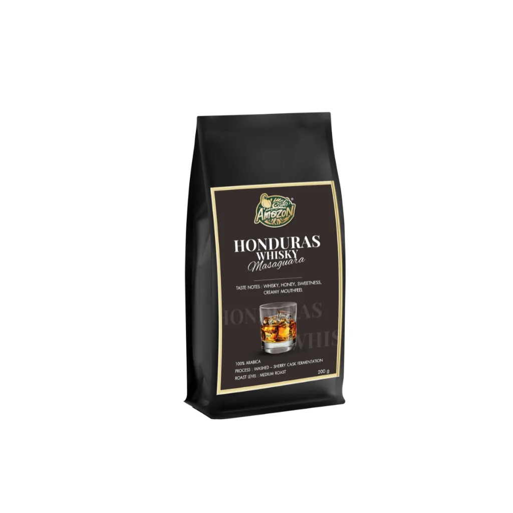 ภาพแสดงถุงเมล็ดกาแฟ Honduras Whisky Masaguara ขนาด 200 กรัม ในถุงสีดำ-น้ำตาล พร้อมรายละเอียดรสชาติ Whisky, Honey, Sweetness, Creamy Mouthfeel
