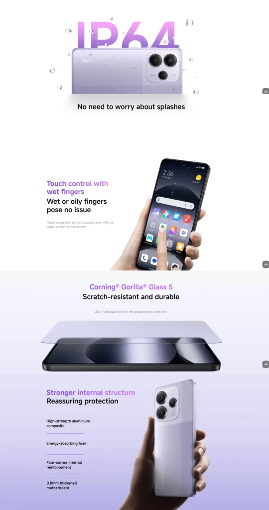 คุณสมบัติป้องกันน้ำ IP64 กระจก Gorilla Glass 5 และโครงสร้างแข็งแรงทนทานสำหรับการใช้งานทุกสถานการณ์