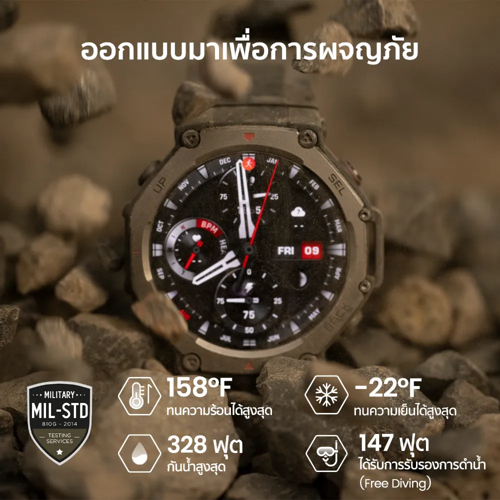 สมาร์ทวอทช์ทนทานระดับ Military Standard รองรับอุณหภูมิ -22 ถึง 158 องศาฟาเรนไฮต์ และกันน้ำลึกสูงสุด 328 ฟุต