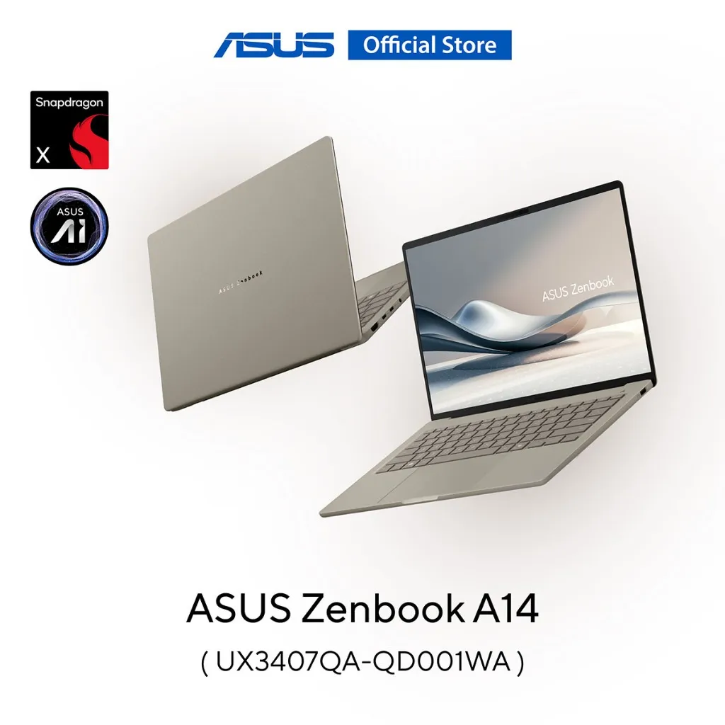 ASUS Zenbook A14 UX3407QA มุมมองด้านหน้าและฝาหลังขณะลอยเคลื่อนไหว