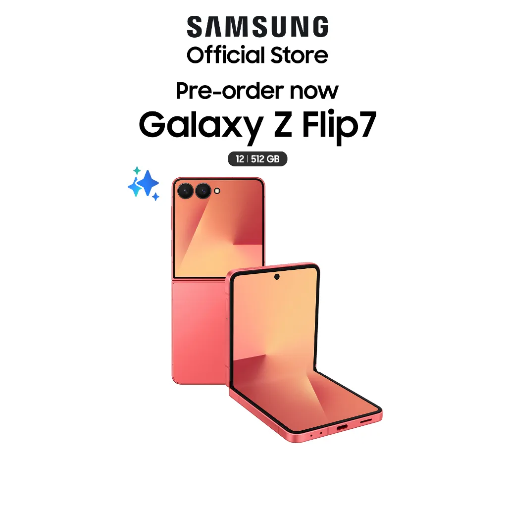 มือถือ Samsung Galaxy Z Flip7 512GB สีแดง Coralred เปิดพับโชว์ดีไซน์หน้าจอ