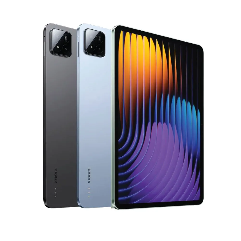 ตัวเครื่อง Xiaomi Pad 7 จอ 11.2 นิ้ว สีเทาและฟ้า จัดวางเรียงเคียงกัน