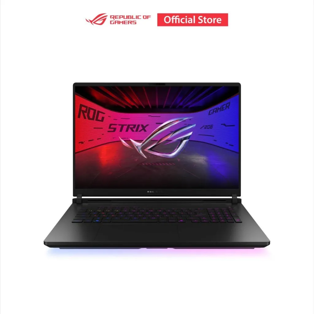 มุมมองด้านหน้าตรงของโน๊ตบุ๊คจอใหญ่พร้อมแสดงโลโก้เกมมิ่ง ROG Strix