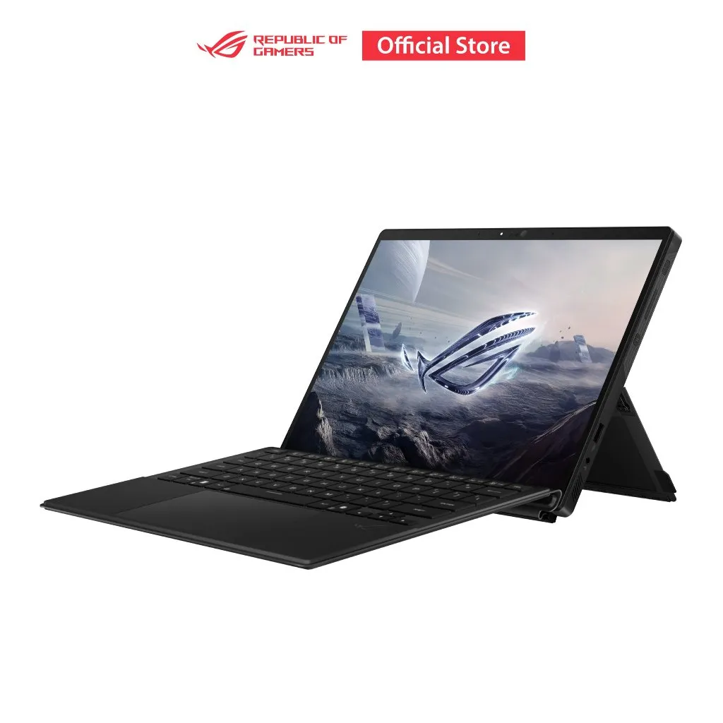 มุมเอียงของ ASUS ROG Flow Z13 GZ302EA ที่แสดงขาตั้งและหน้าจอสัมผัสขนาด 13.4 นิ้ว