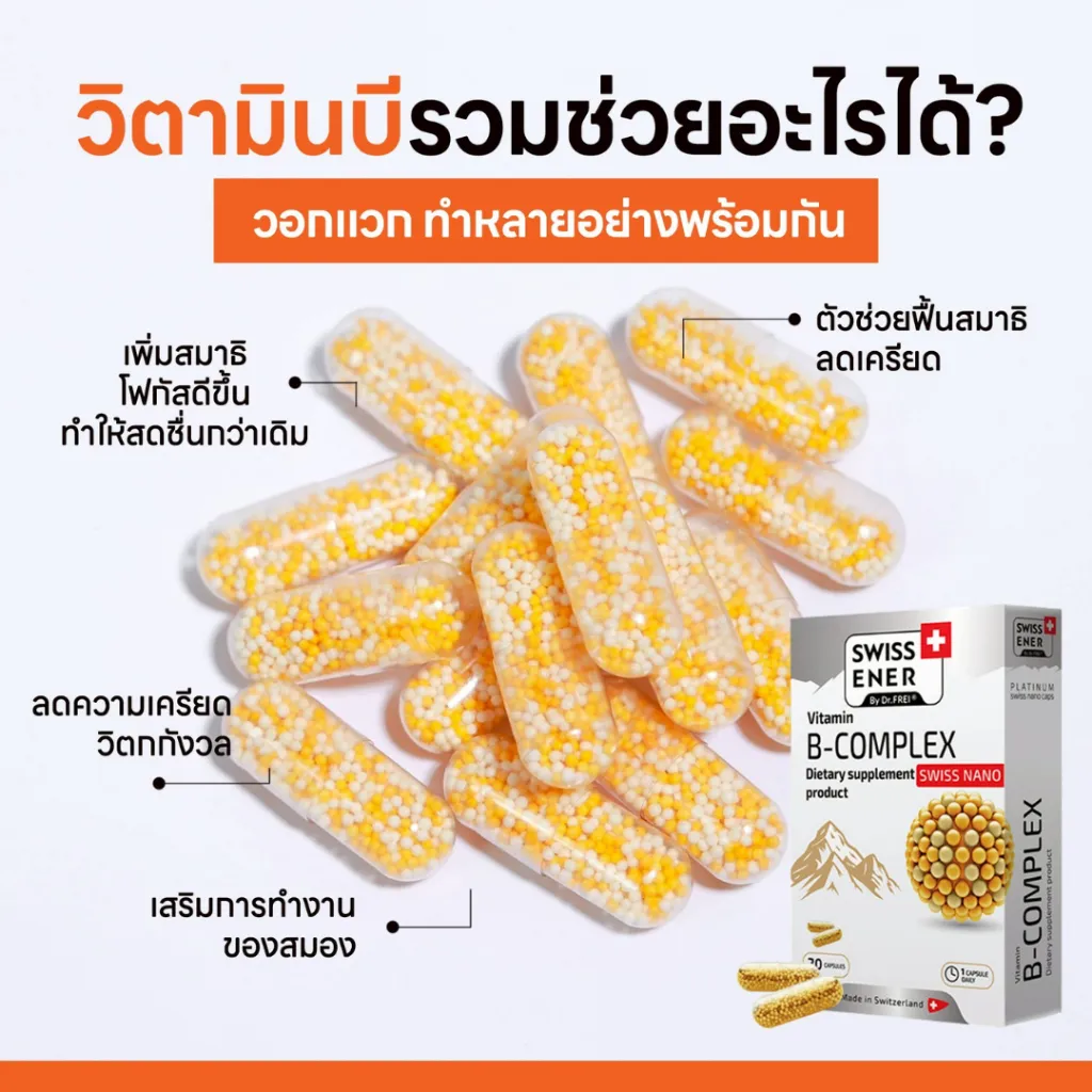 แคปซูล วิตามินบีรวม Swiss Energy สีเหลืองขาว พร้อมกล่องสินค้าวางด้านขวาล่าง