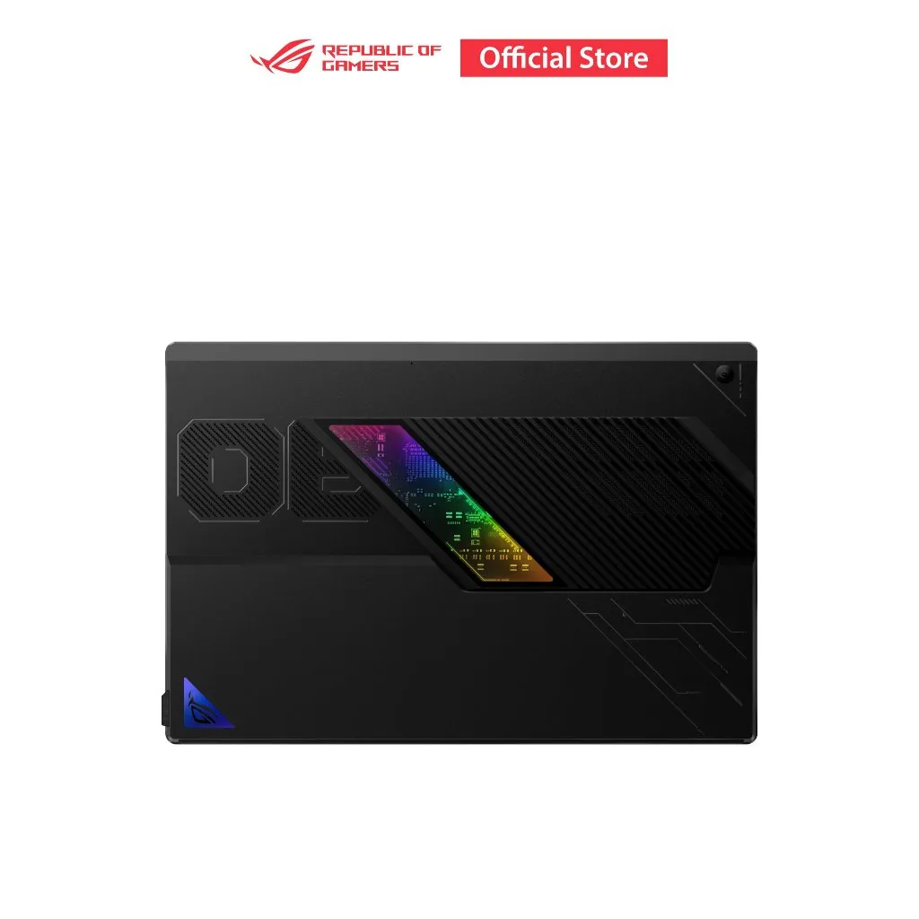 ฝาหลังของ ASUS ROG Flow Z13 GZ302EA พร้อมไฟ RGB และดีไซน์ลวดลายเรขาคณิตแบบเกมมิ่ง