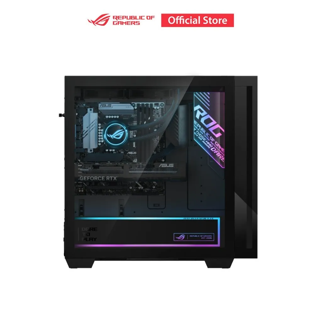 เคสฝาใสเผยให้เห็นเมนบอร์ด ASUS และการ์ดจอ GeForce พร้อมระบบระบายความร้อน