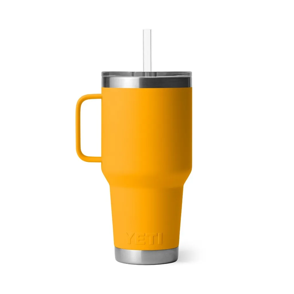 มุมด้านหลังของแก้วเยติ YETI Rambler 35 oz สีเหลืองแบบไม่มีโลโก้ด้านหน้า