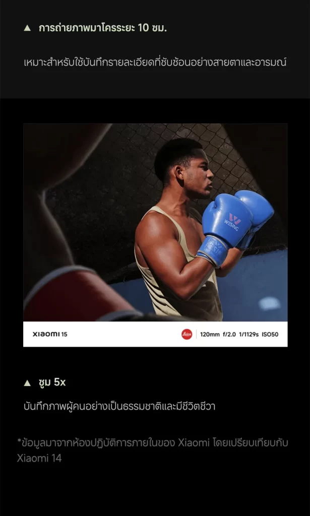 ชายต่อยมวยในระยะใกล้ สะท้อนรายละเอียดชัดด้วยโหมดมาโครระยะ 120 มม.