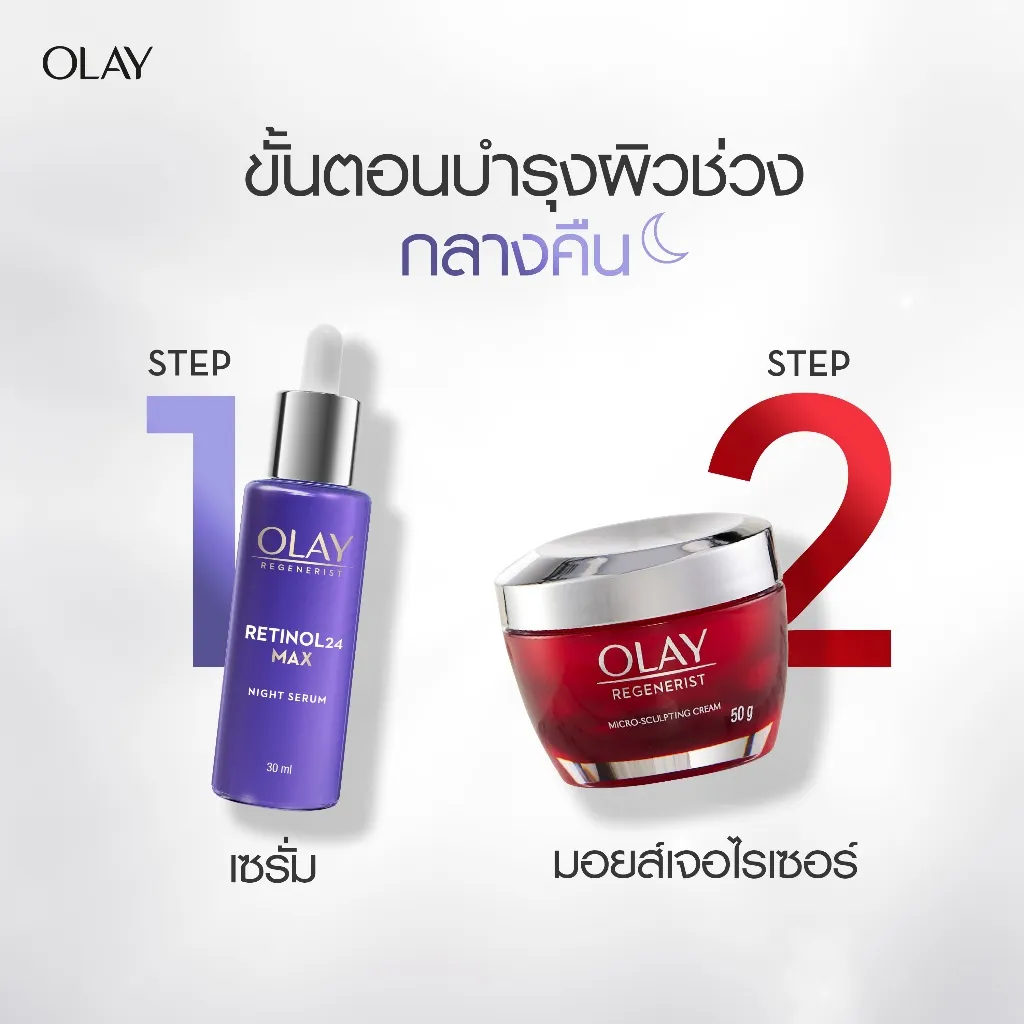 ลำดับขั้นตอนการใช้ผลิตภัณฑ์บำรุงผิวกลางคืน 2 ขั้นตอน เซรั่มและมอยส์เจอไรเซอร์