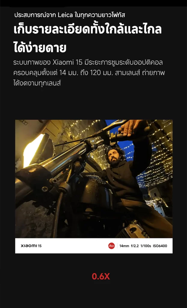 ชายขี่มอเตอร์ไซค์ท่ามกลางไฟประดับในตรอกยามค่ำคืน ถ่ายด้วยเลนส์มุมกว้าง