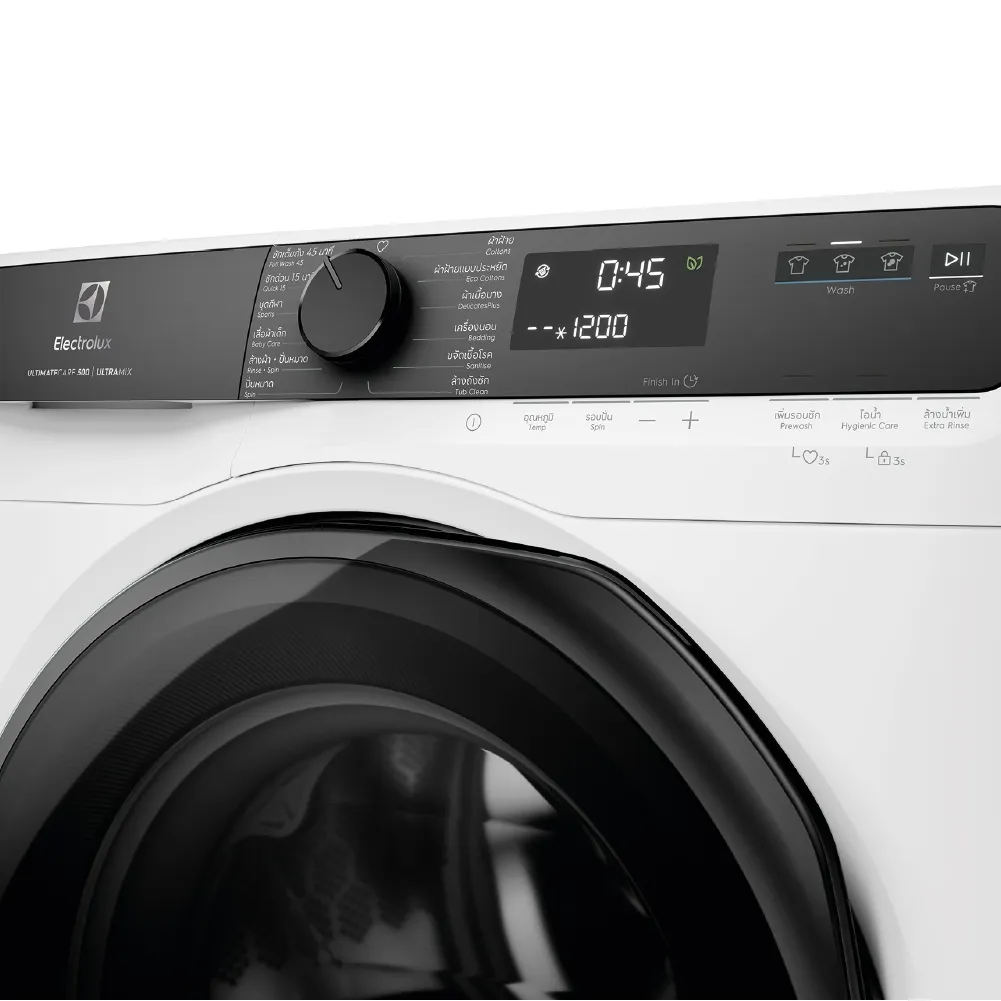 แผงควบคุมของเครื่องซักผ้า Electrolux EWF9023P5WC พร้อมหน้าจอและโปรแกรม
