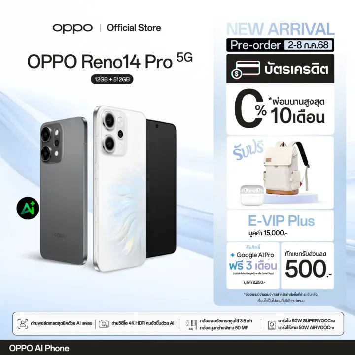 โปรโมชันเปิดตัว OPPO Reno14 Pro 5G 12GB 512GB พร้อมของแถมสุดคุ้ม