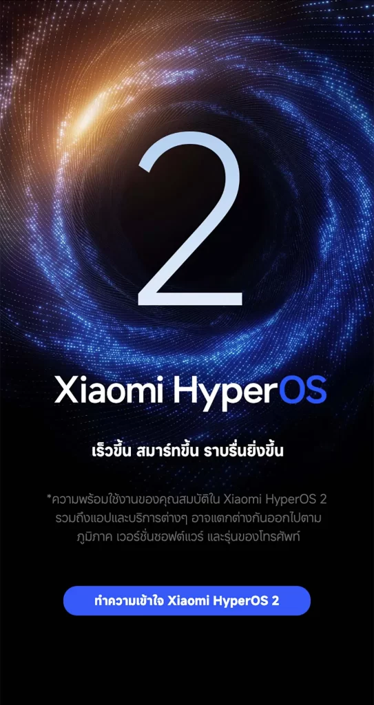 กราฟิกแสดงการเปิดตัวระบบ HyperOS 2 พร้อมข้อความว่าเร็วขึ้นและลื่นไหล