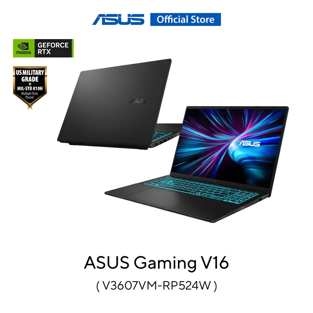 ASUS Gaming V16 RTX 5060 มุมมองสองด้าน เห็นฝาหลังและหน้าจอพร้อมโลโก้ร้านทางการ
