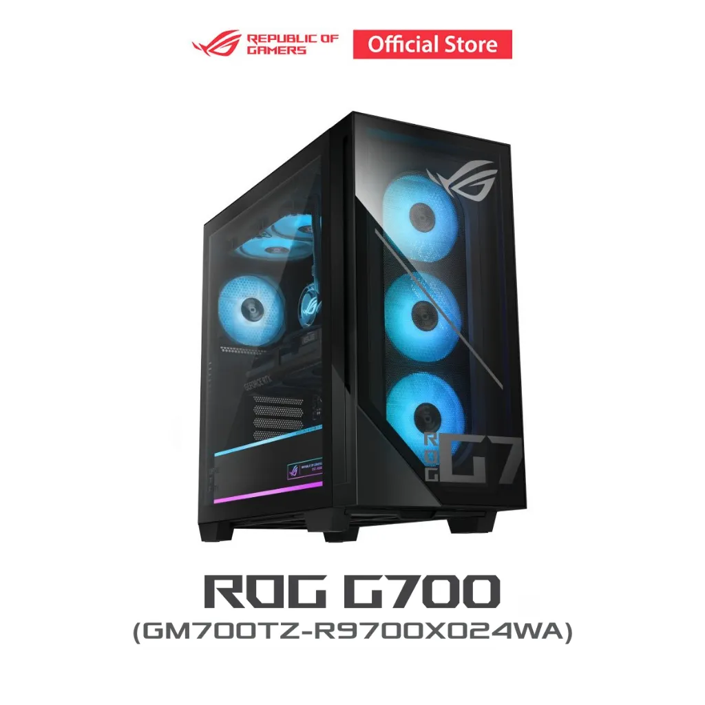 ASUS ROG GM700 Gaming Desktop มุมเฉียงโชว์พัดลมหน้า RGB และฝาข้างกระจกใส