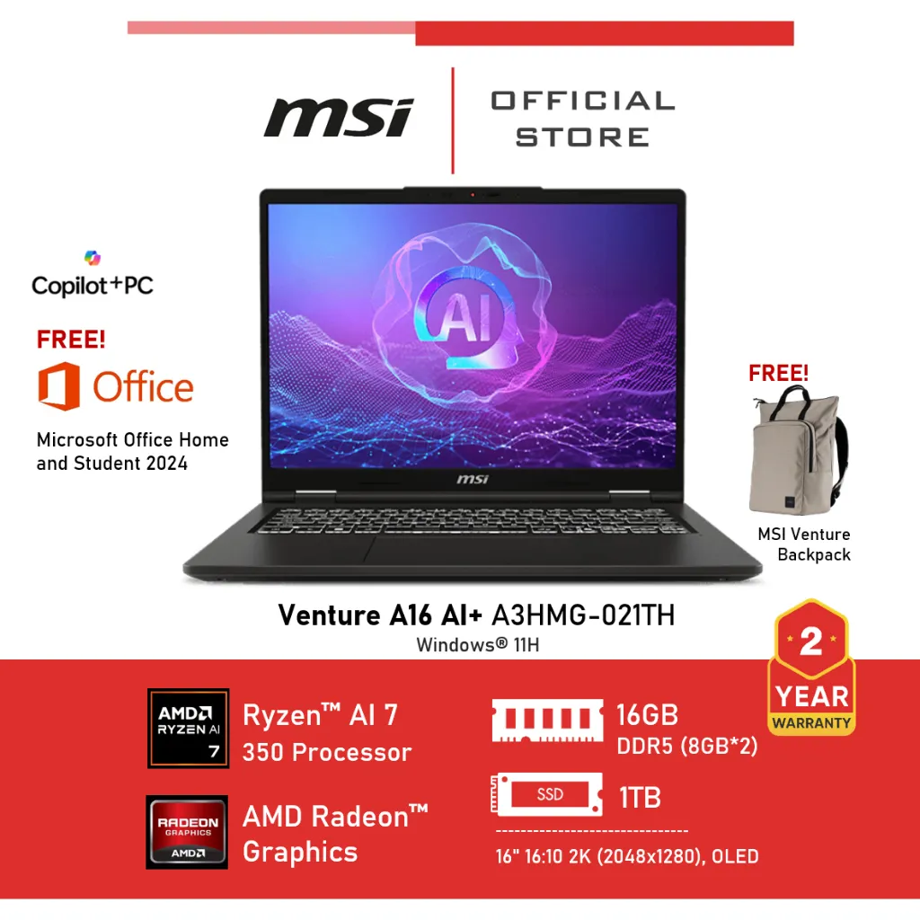 โน๊ตบุ๊ค MSI Venture A16 AI+ ชุดโปรโมชันหน้าปก แสดงสเปกและของแถม